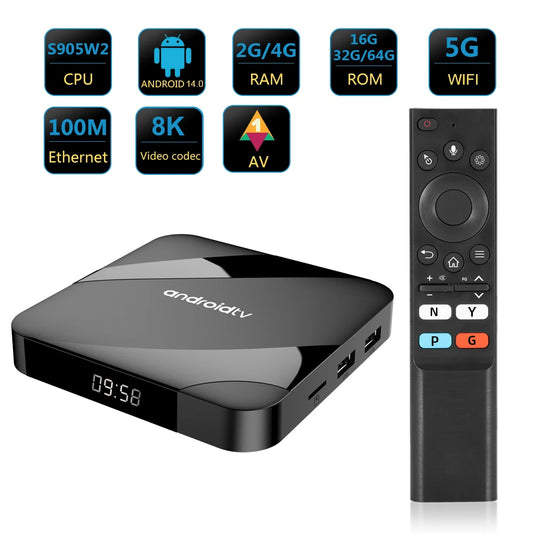 V98 ATV S905W2 8K Android 14 TV Box 4+64G Dual Band WiFi Media Player with Voice Remote, 5G Smart Set-Top Box