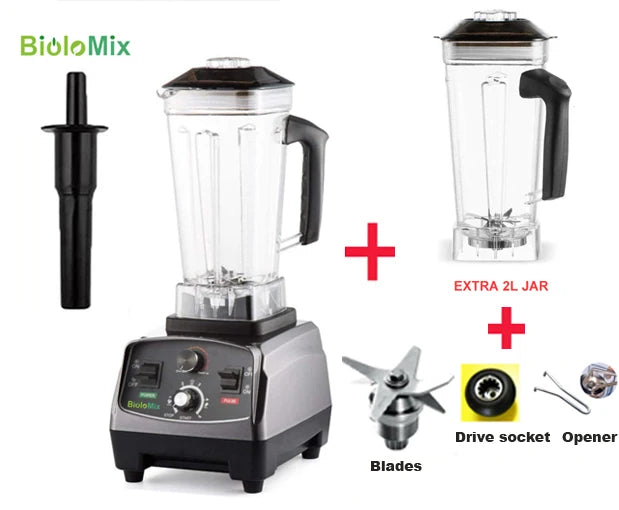 BioloMix 3HP 2200W Heavy Duty Commercial Blender with Timer - 6-in-1 Mixer