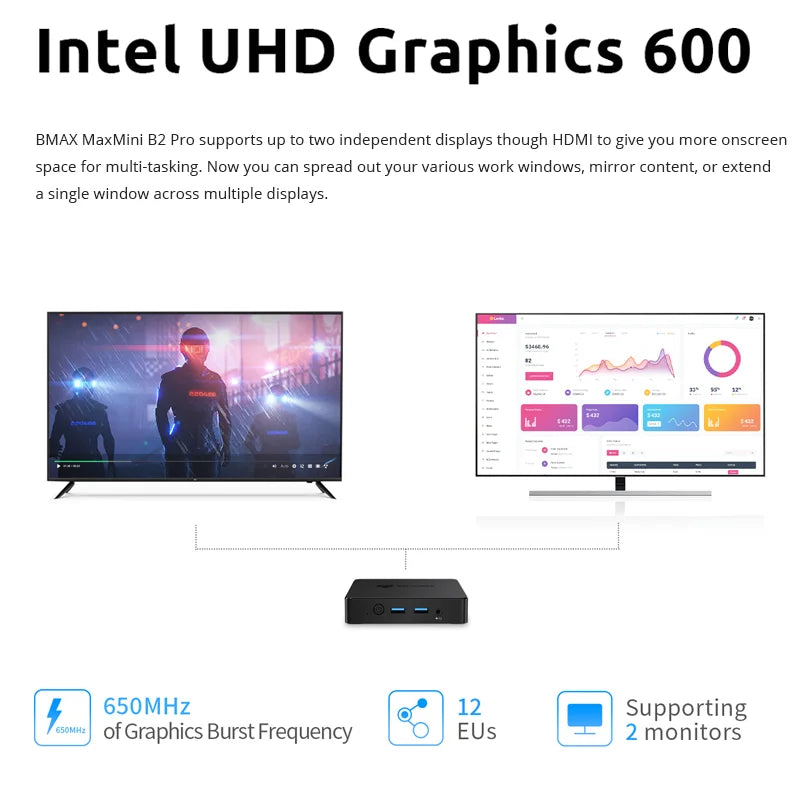 BMAX B2 Pro Mini PC: Windows 11, Intel N4000, 8GB RAM/256GB SSD, HDMI, UHD 600