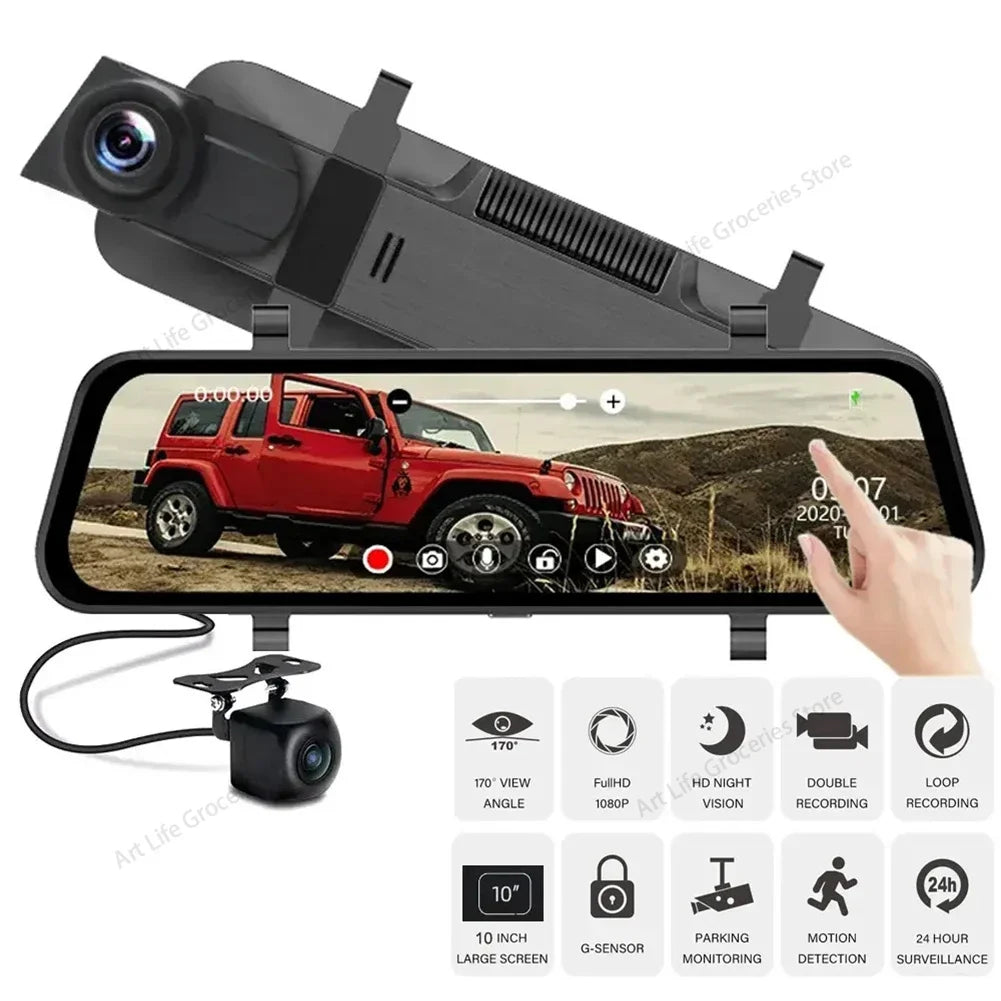 Mirror Dash Cam - 10” IPS Touch, Dual 1080P, 170°, G-Sensor, Loop Recording