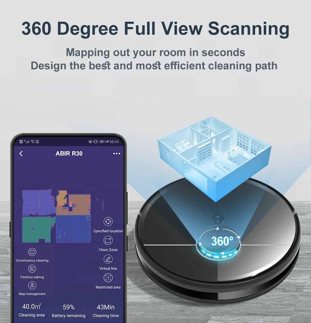 ABIR R30 Robot Vacuum - 6500PA, Auto-Empty, Multi-Floor Mapping & Wet-Dry Cleaning