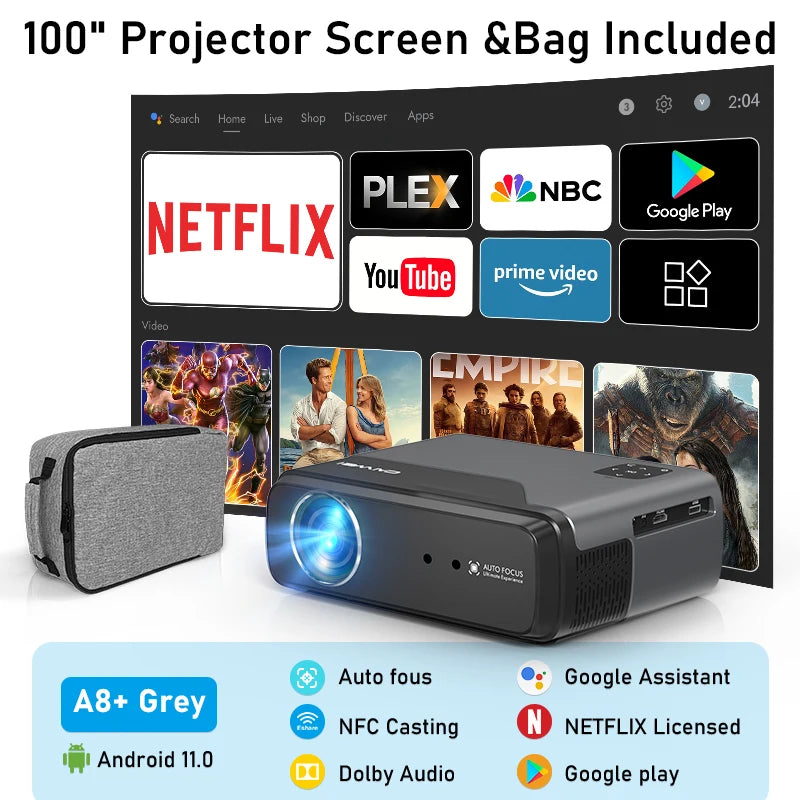 4K HDR LED Smart Projector HD 1080P, 5G WiFi, Android 11, 3D, Auto Focus & Dolby Audio