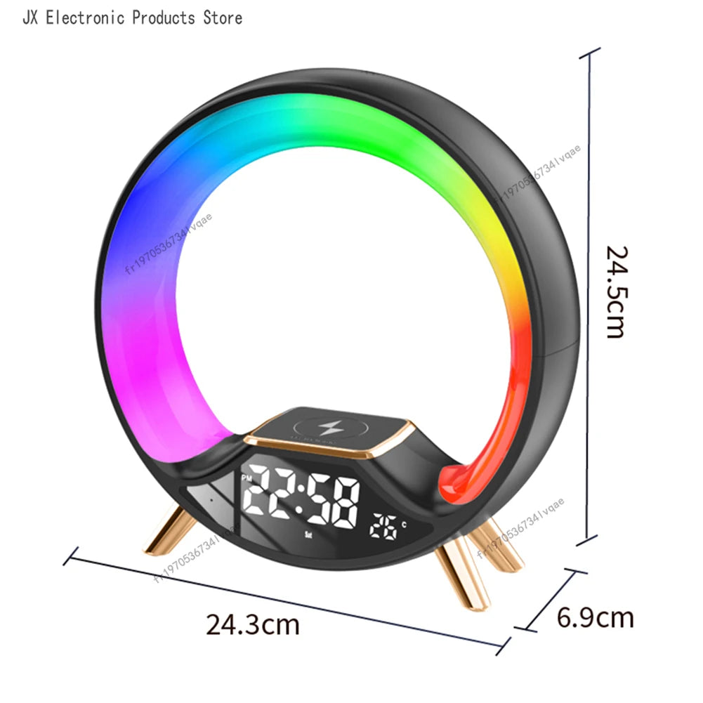 Multifunctional Bluetooth Speaker Alarm Clock with Wireless Charging & RGB Light – 15W Subwoofer for Home