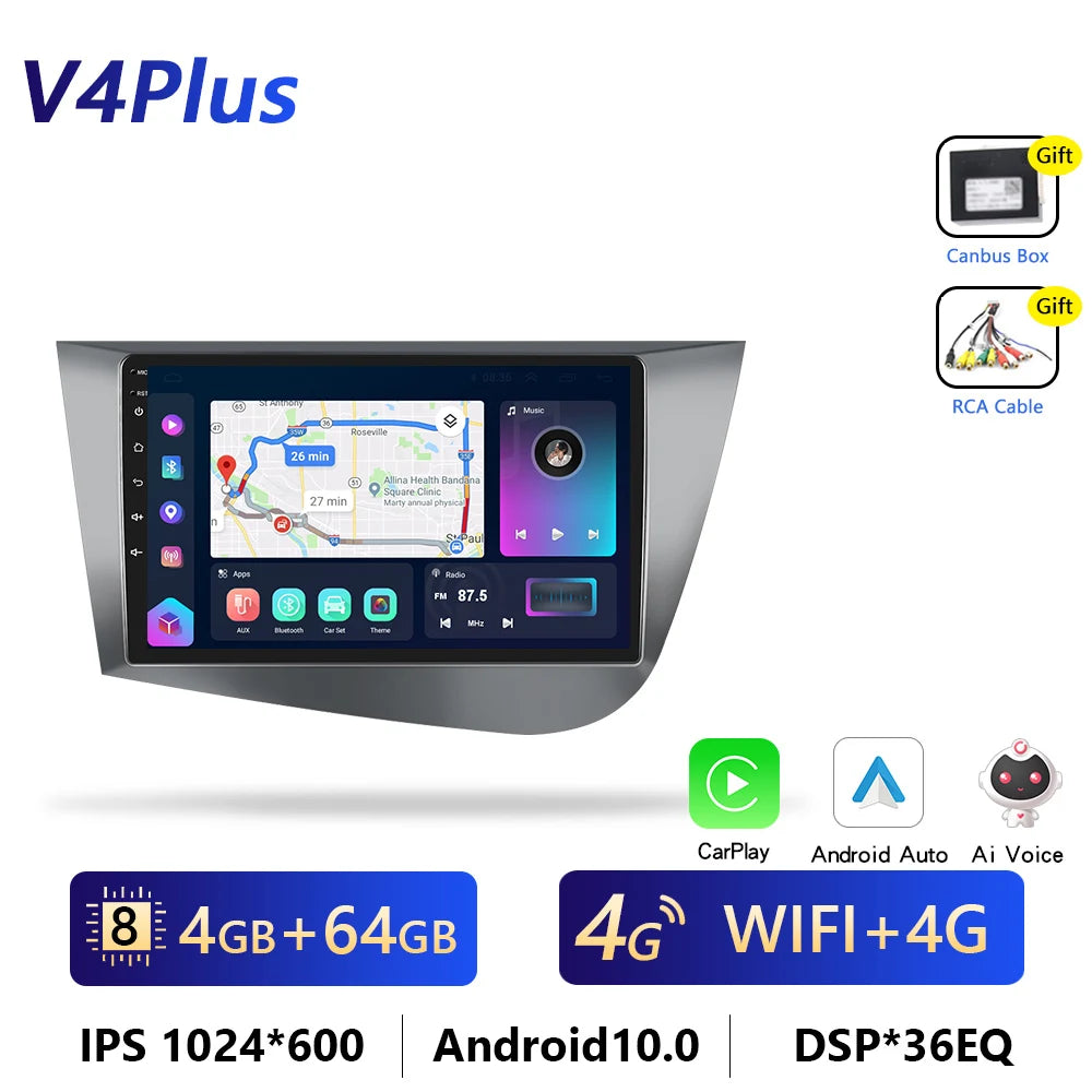 Podofo CarPlay/Android Auto Radio - SEAT Leon MK2 2005-2012, 4G GPS, HiFi