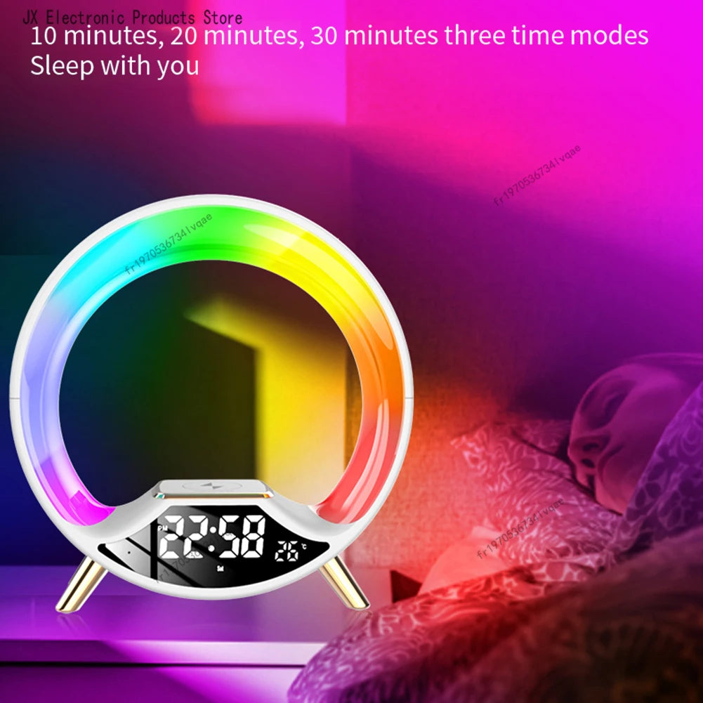 Multifunctional Bluetooth Speaker Alarm Clock with Wireless Charging & RGB Light – 15W Subwoofer for Home