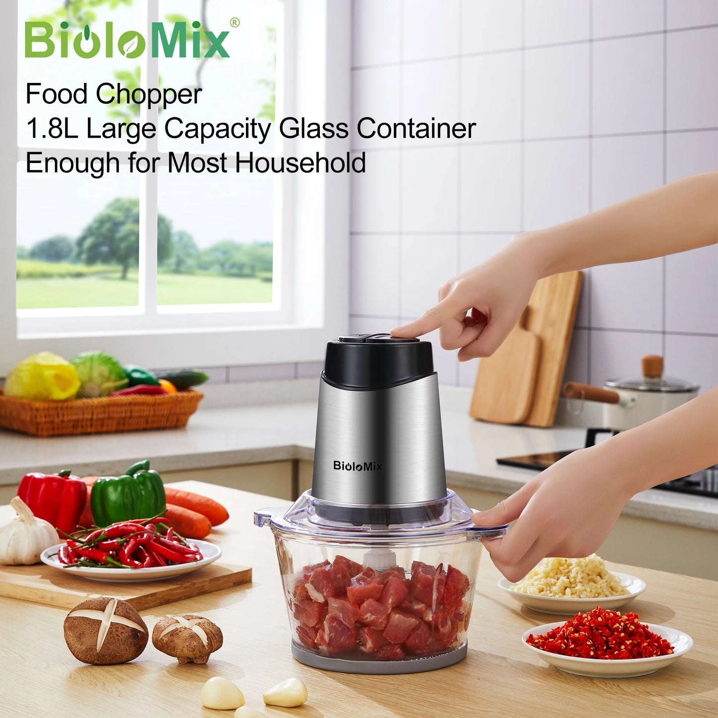 Biolomix Electric Food Processor & Chopper, 1.8L Glass Bowl, Two Speeds, Blender & Meat Grinder