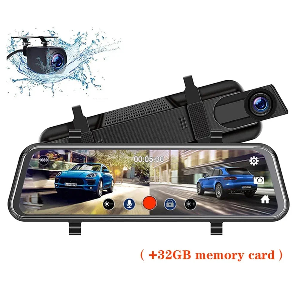 Mirror Dash Cam - 10” IPS Touch, Dual 1080P, 170°, G-Sensor, Loop Recording