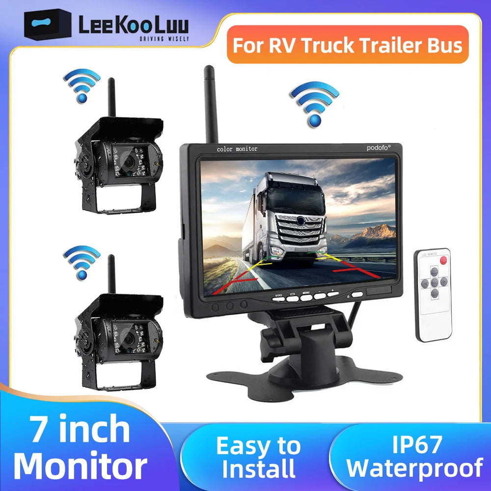 LeeKooLuu Wireless Dual Backup Camera System with 7” Monitor for RV, Truck, Trailer, Bus