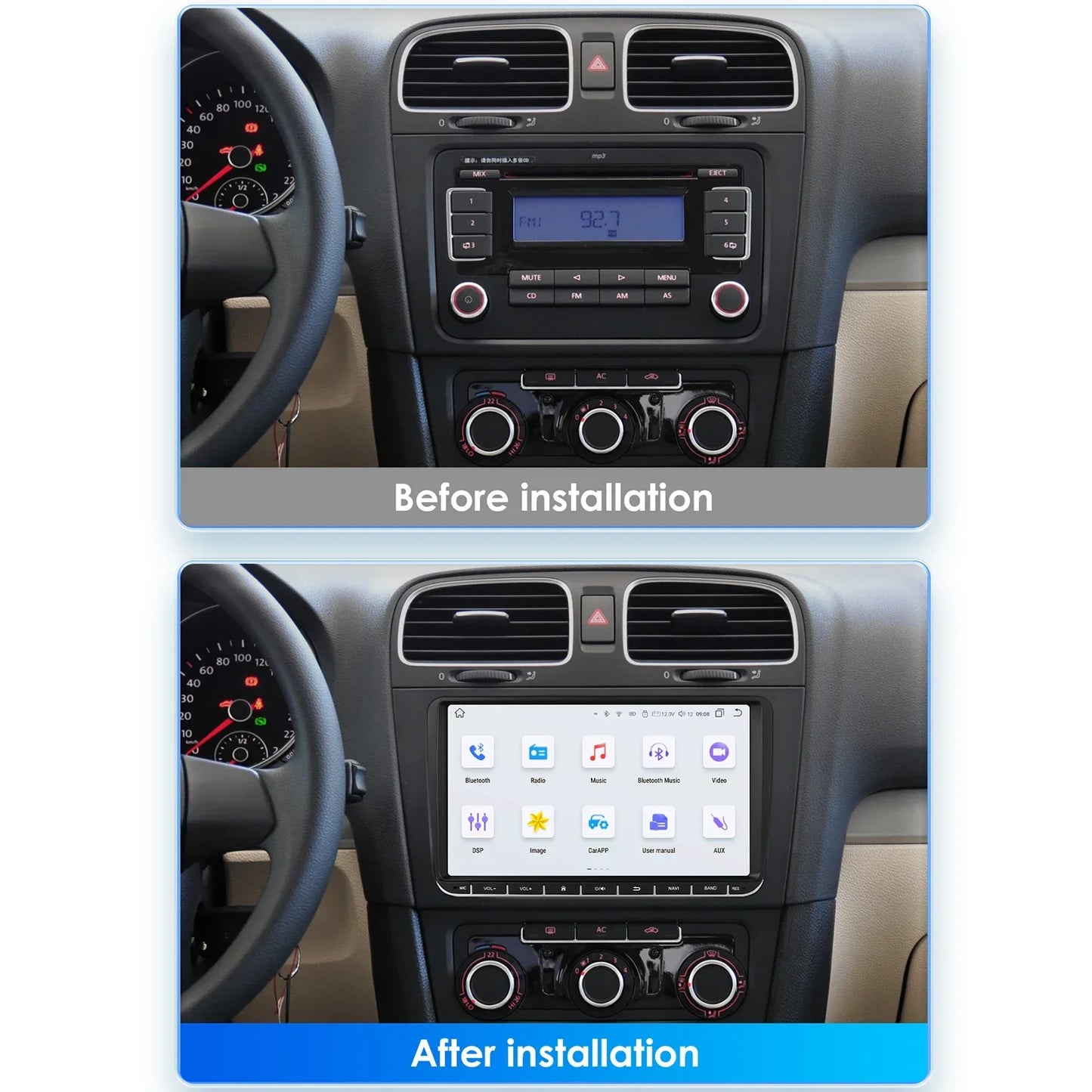 Podofo Android Auto/CarPlay Radio - VW Passat B6-B8, Golf 5-6, DAB, BT