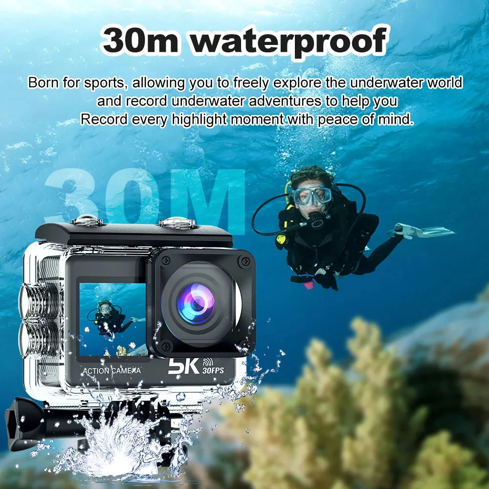 5K Action Camera: 4K60FPS Touch Screen, 170° Wide Angle, 30M Waterproof & Wi-Fi for Sports/Helmet Recording