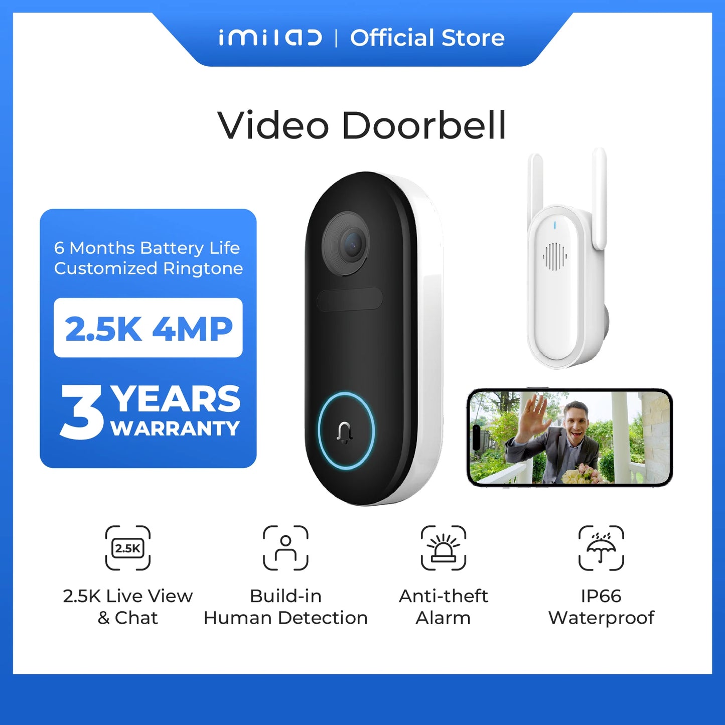 IMILAB Smart Video Doorbell: 2.5K HD, 5200mAh Battery, Human Detection