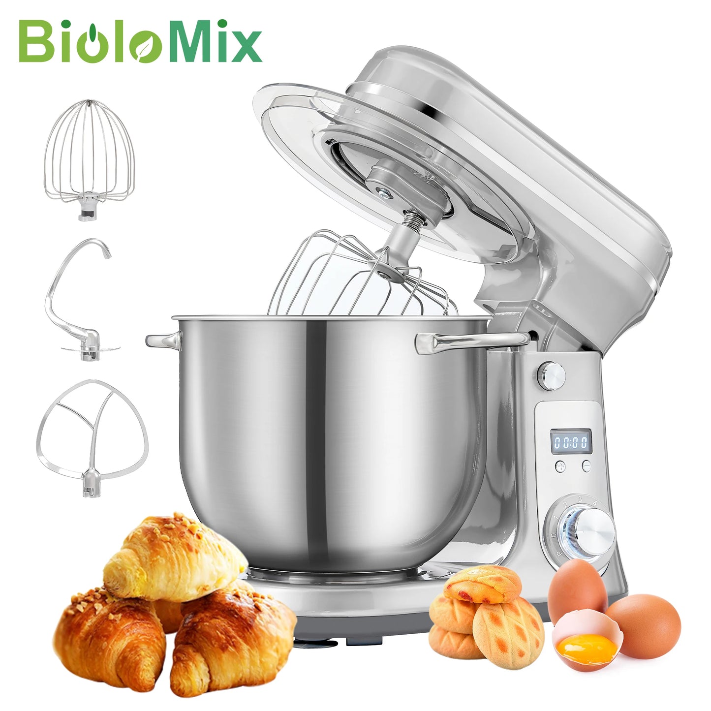 BioloMix 6L Stand Mixer - 1200W Quiet Motor, 6-Speed & Stainless Bowl