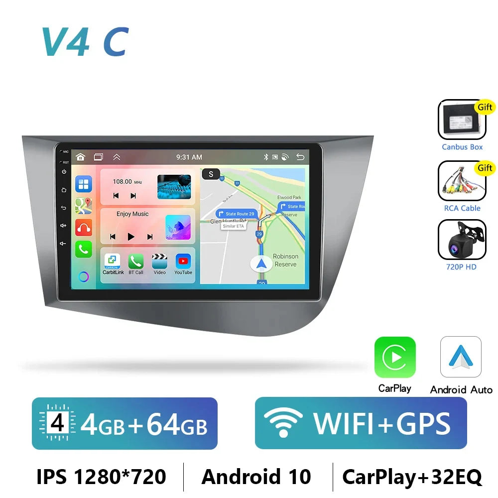 Podofo CarPlay/Android Auto Radio - SEAT Leon MK2 2005-2012, 4G GPS, HiFi