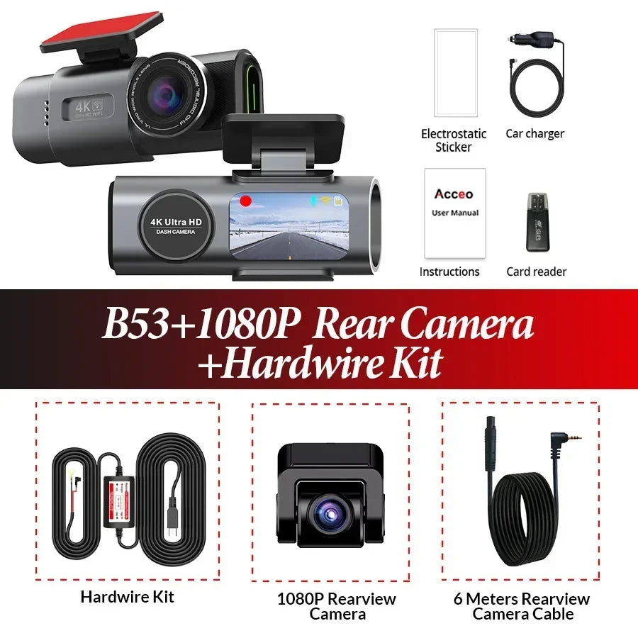 4K Dashcam with Dual Lens, GPS, WiFi, 24H Parking, Night Vision