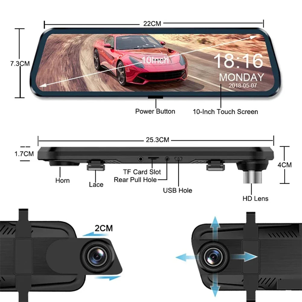 Mirror Dash Cam - 10” IPS Touch, Dual 1080P, 170°, G-Sensor, Loop Recording