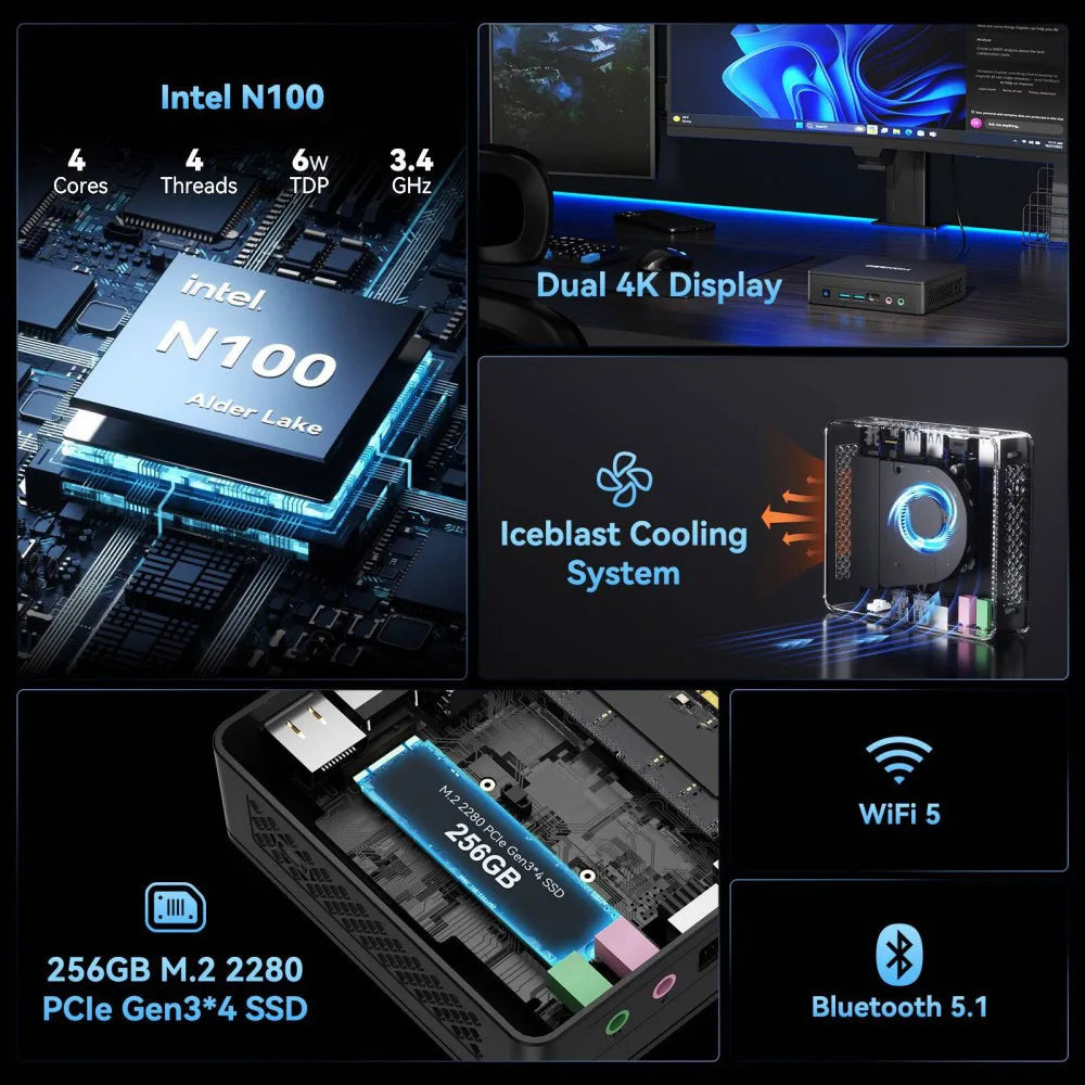 GEEKOM Air12 Lite Pro: Intel N100, Iceblast Cooling, 8GB RAM, 256GB SSD