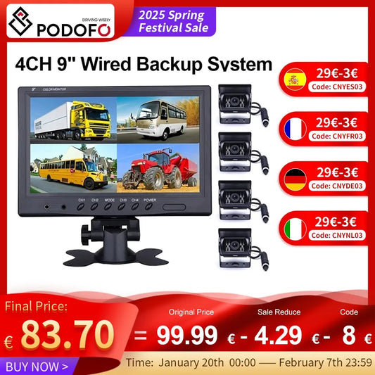 Podofo Car Rear View System Camera Backup 9" Monitor