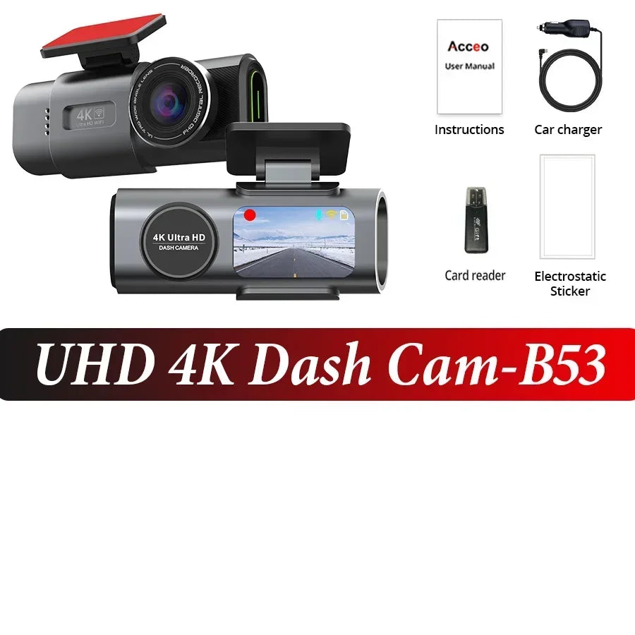 4K Dashcam with Dual Lens, GPS, WiFi, 24H Parking, Night Vision