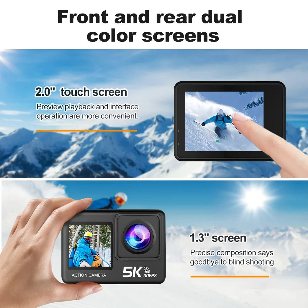 5K Action Camera: 4K60FPS Touch Screen, 170° Wide Angle, 30M Waterproof & Wi-Fi for Sports/Helmet Recording