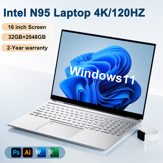 16" Laptop Intel N95, 32GB RAM, 2TB SSD, 4K HD 120Hz, Windows 11 Pro