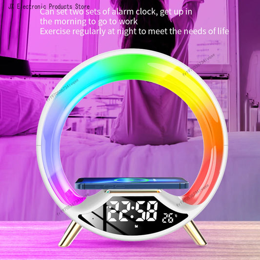 Multifunctional Bluetooth Speaker Alarm Clock with Wireless Charging & RGB Light – 15W Subwoofer for Home