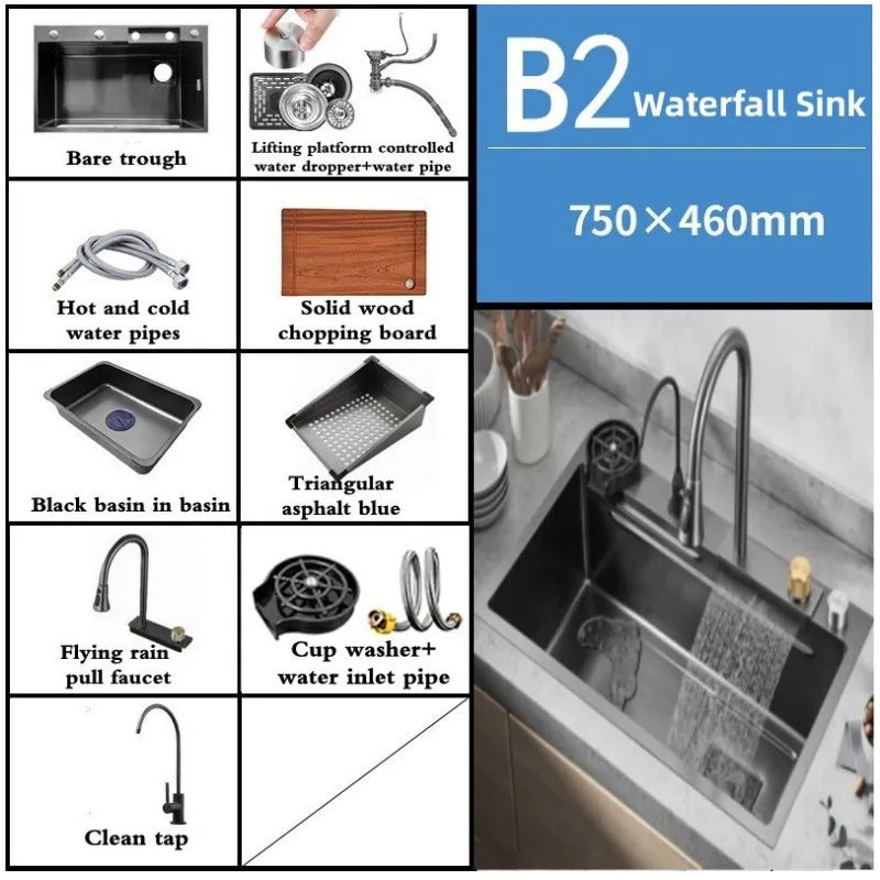 Stainless Steel Waterfall Sink Faucet - Pull Type, High Pressure for Kitchen & Bar