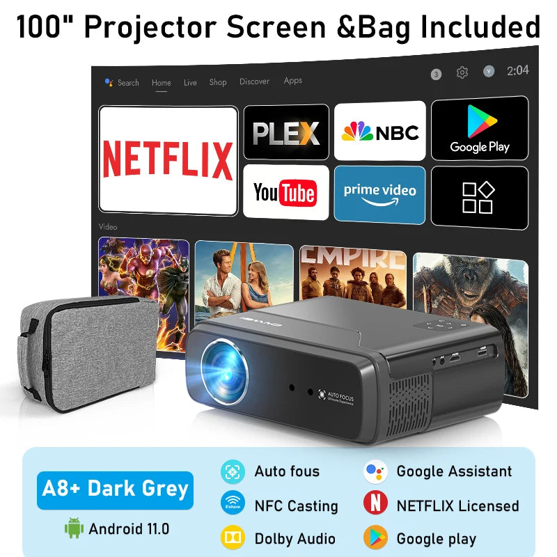 4K HDR LED Smart Projector HD 1080P, 5G WiFi, Android 11, 3D, Auto Focus & Dolby Audio