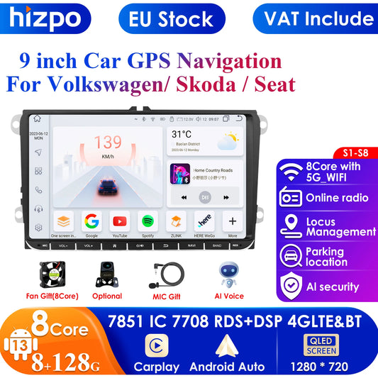 Podofo Android Auto/CarPlay Radio - VW Passat B6-B8, Golf 5-6, DAB, BT