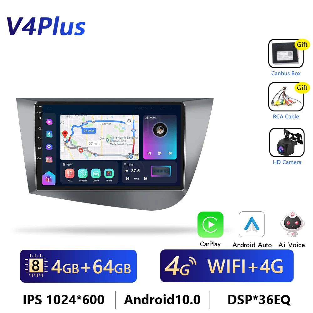 Podofo CarPlay/Android Auto Radio - SEAT Leon MK2 2005-2012, 4G GPS, HiFi