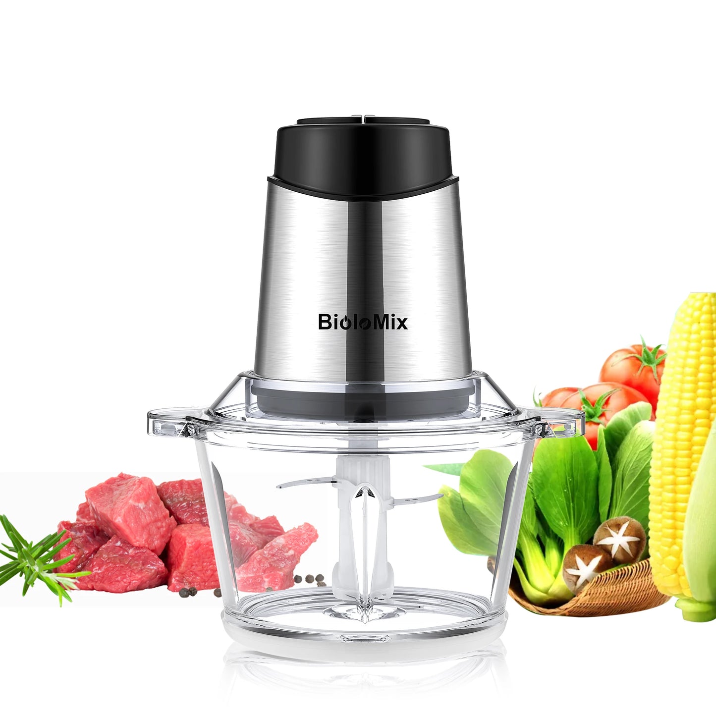 Biolomix Electric Food Processor & Chopper, 1.8L Glass Bowl, Two Speeds, Blender & Meat Grinder