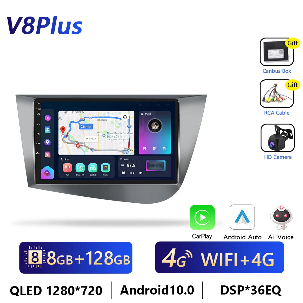 Podofo CarPlay/Android Auto Radio - SEAT Leon MK2 2005-2012, 4G GPS, HiFi