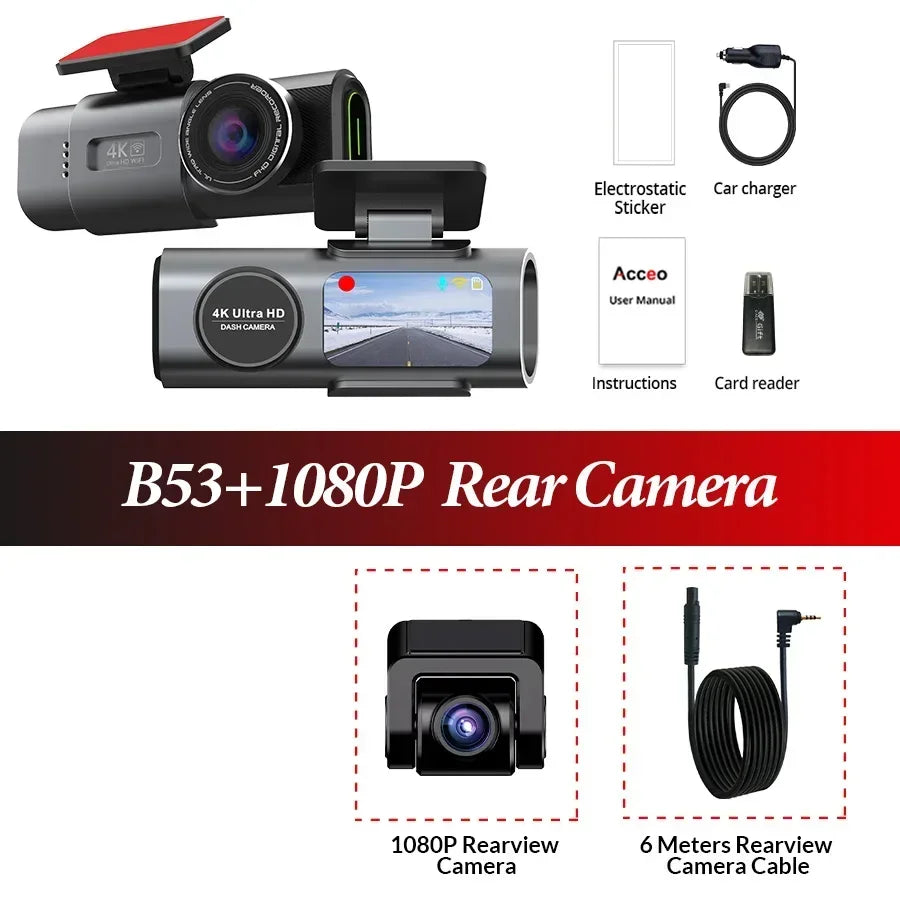 4K Dashcam with Dual Lens, GPS, WiFi, 24H Parking, Night Vision